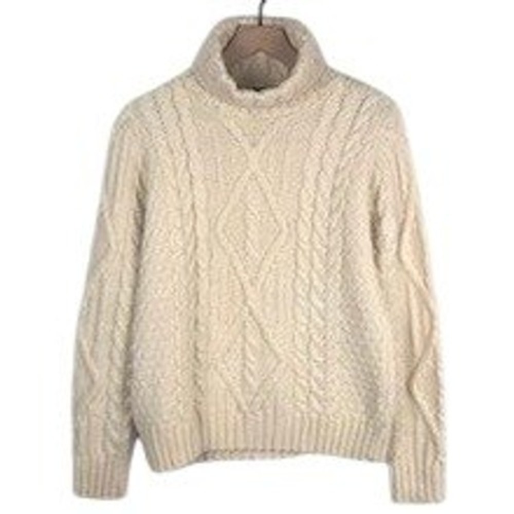 INIS CRAFTS 100% Merino Wool Turtleneck Fisherman Sweater Sz M Cream Cable EUC